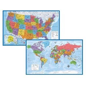 50"X28" Large Laminated World Map & US Map Poster Wall Chart Map of the World